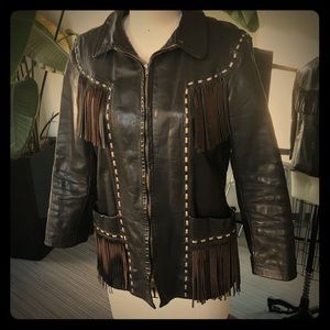 Vintage Western Style Leather Jacket with Fringe